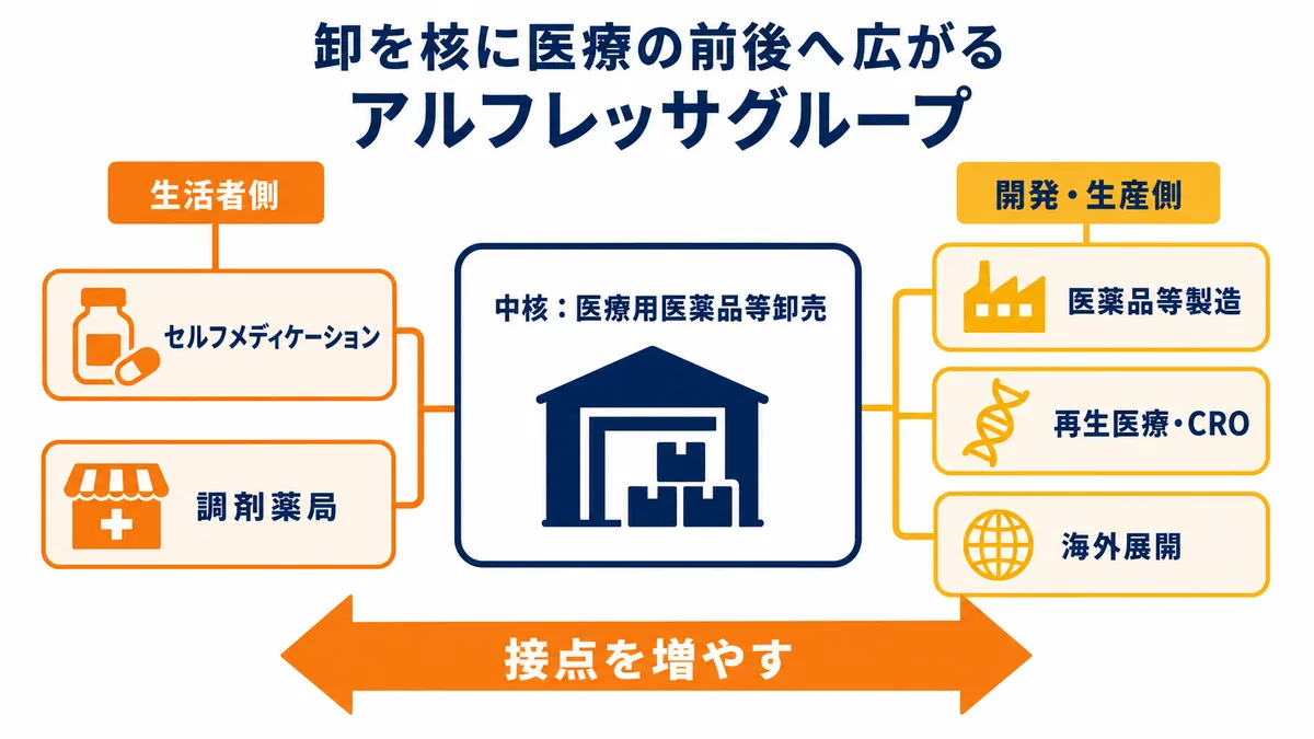 アルフレッサグループが医療用医薬品等卸売を中核に、生活者側のセルフメディケーション・調剤薬局と、開発・生産側の製造・再生医療・CRO・海外展開へ広がる事業領域図