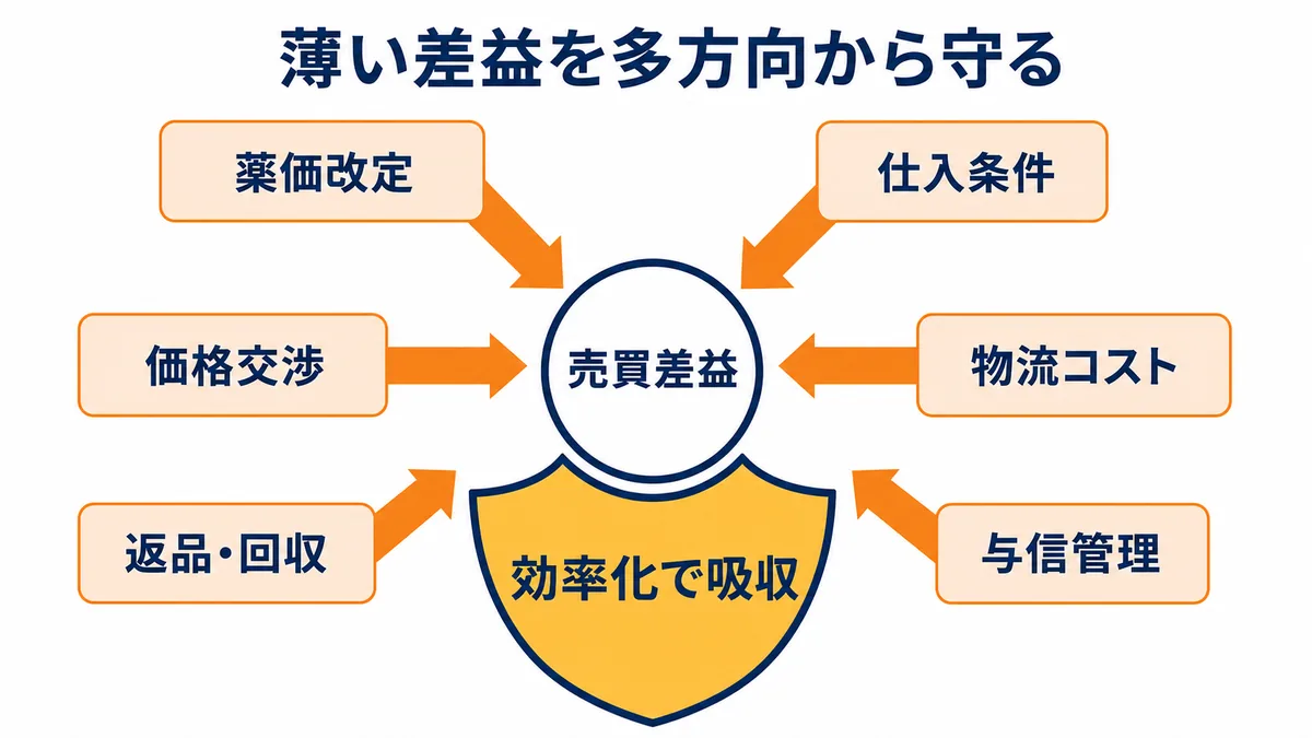 医薬品卸の売買差益に薬価改定、仕入条件、価格交渉、物流コスト、返品・回収、与信管理が圧力をかけ、効率化で吸収する収益構造図