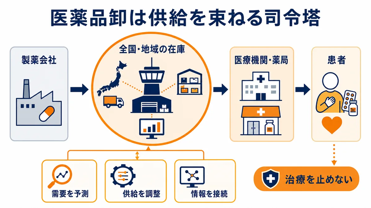 製薬会社から患者までの供給経路の中央で、医薬品卸が全国・地域の在庫、需要、供給、情報を統合して治療の継続を支える関係図