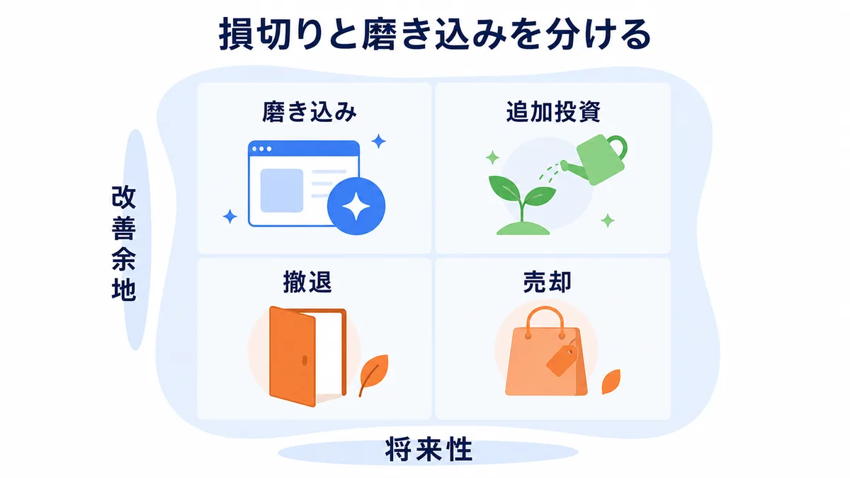総合商社の資産入替で磨き込み・追加投資・撤退・売却を改善余地と将来性で整理した図解