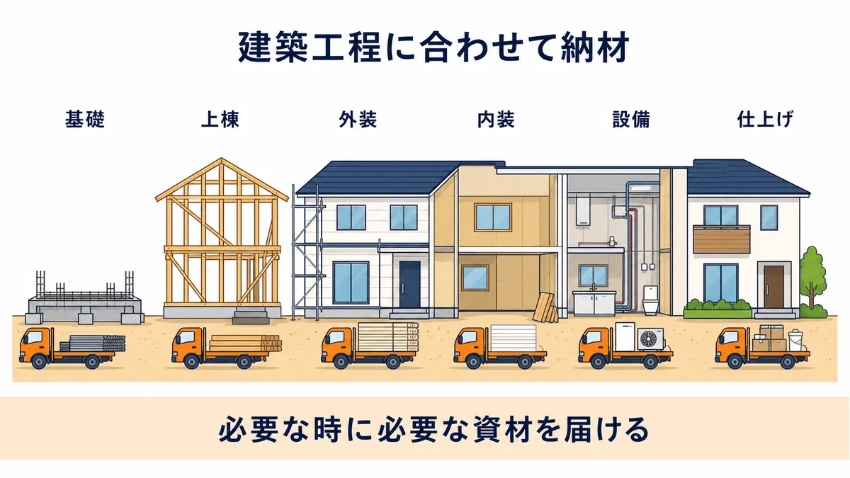 建材商社が基礎・上棟・外装・内装・設備・仕上げの各建築工程に合わせて資材を納める図解