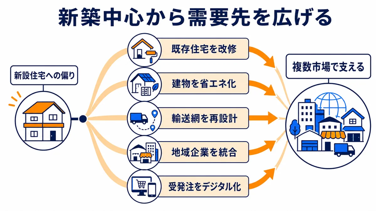 新設住宅への依存から、既存住宅改修、省エネ、輸送網再設計、地域企業統合、受発注デジタル化へ需要先を広げる図解