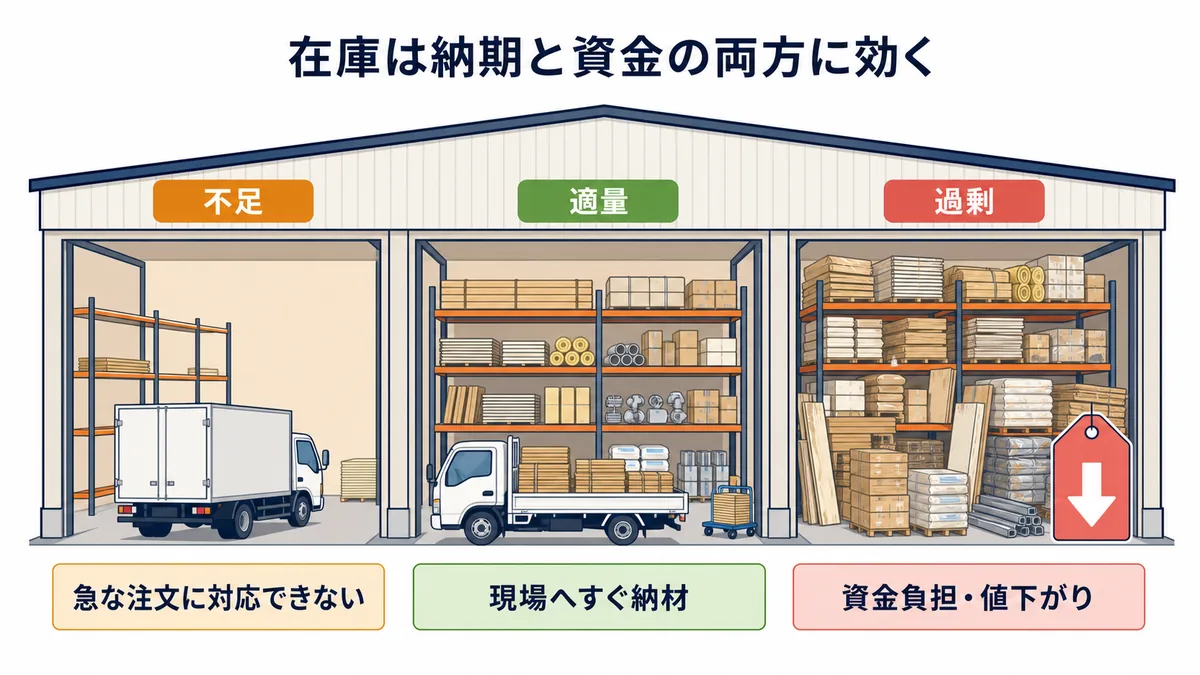 建材商社の在庫が不足・適量・過剰な場合の納期対応と資金負担の違いを示した図解