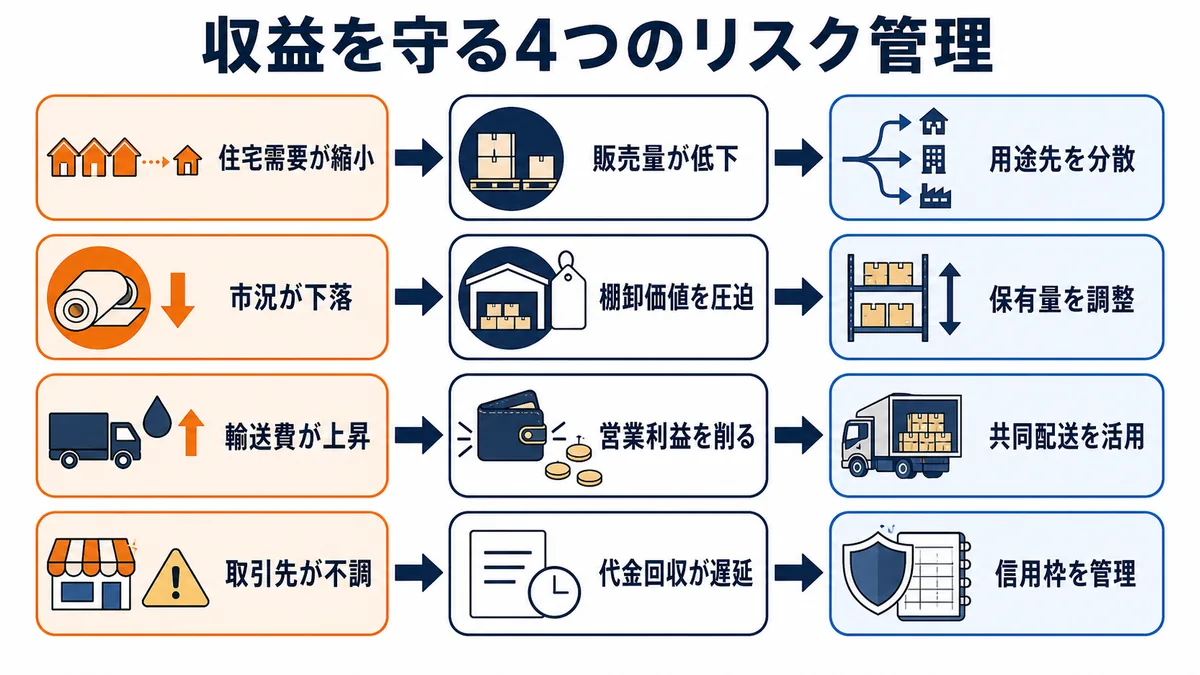 住宅需要、市況、輸送費、取引先の4リスクについて、利益への影響と管理策を示す因果図