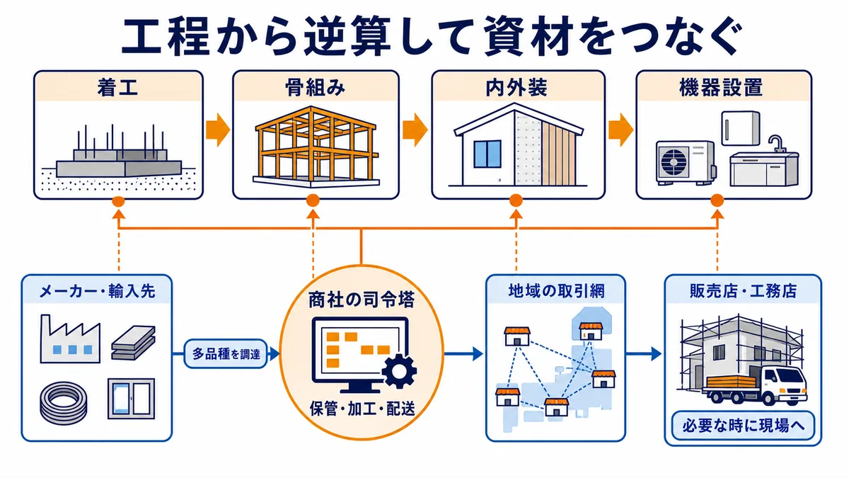 建材メーカー・輸入先から商社、地域の販売店・工務店、建築現場へ資材をつなぎ、着工から機器設置までの工程に合わせて納材する商流図