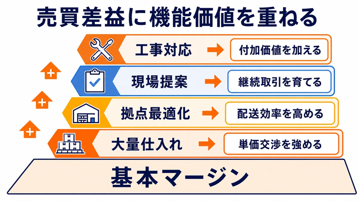 建材商社が基本マージンに大量仕入れ、拠点最適化、現場提案、工事対応の機能価値を重ねる収益構造図