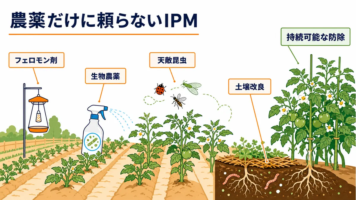 フェロモン剤・生物農薬・天敵昆虫・土壌改良を組み合わせるCBCのIPM型アグリサイエンス図解