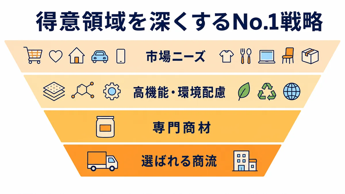 市場ニーズから高機能・環境配慮分野と専門商材へ絞り込み選ばれる商流を作る蝶理のNo.1戦略の図解