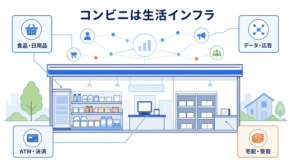 コンビニが食品・日用品・ATM決済・宅配受取・データ広告を担う生活インフラであることを示した図解