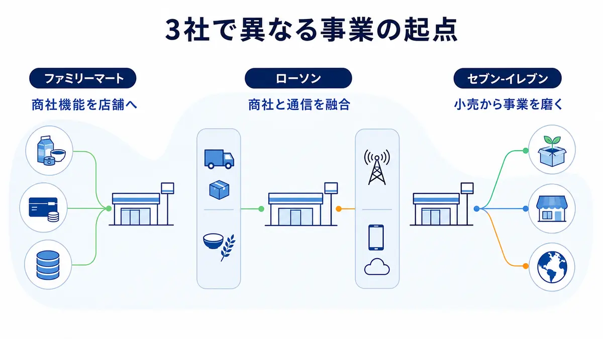ファミリーマート・ローソン・セブン-イレブンで異なる商社機能・通信・小売起点の事業構造を比較した図解