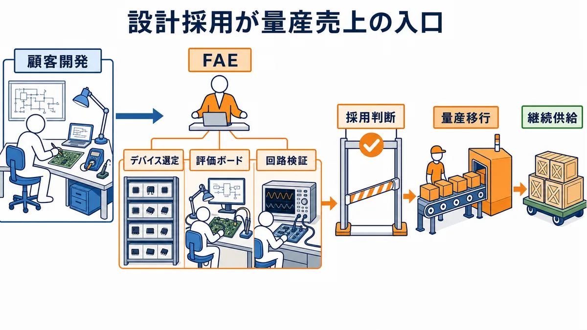電子部品商社のFAEがデバイス選定・評価・回路検証を支援し設計採用から量産供給につなげる図解