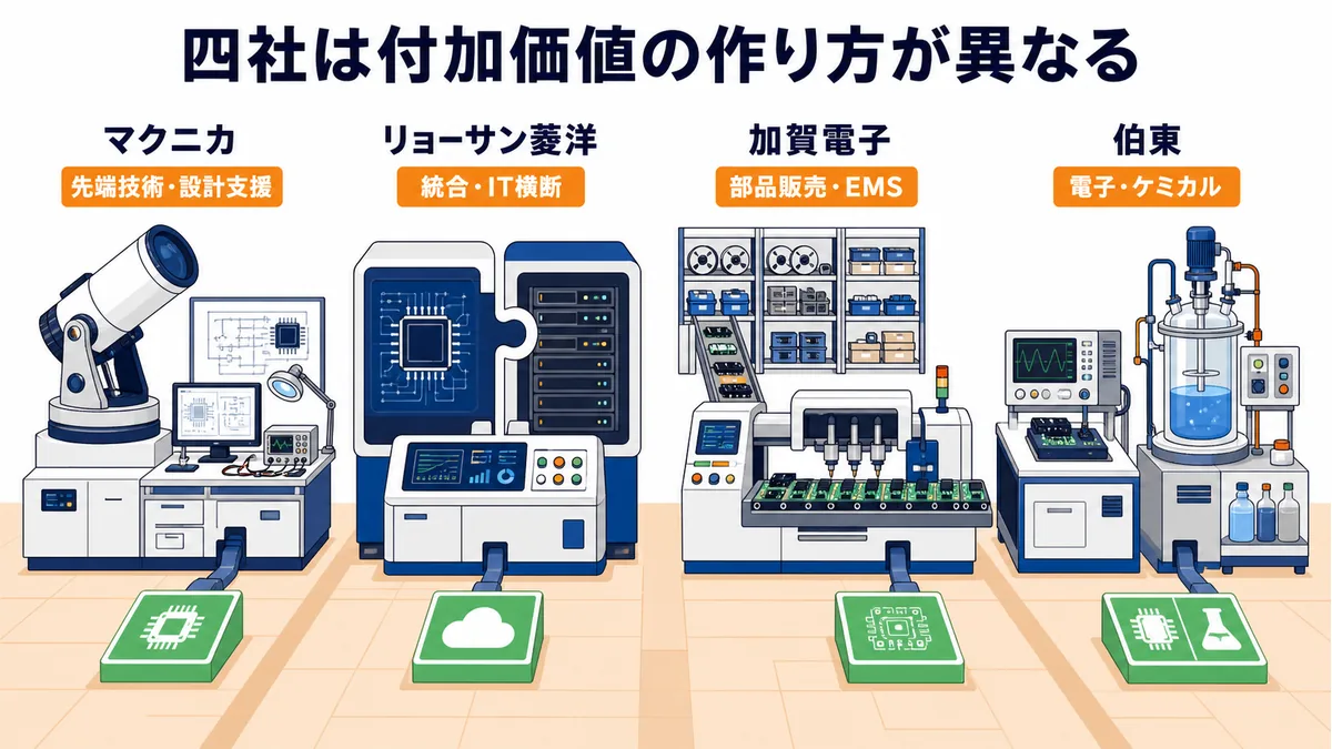 マクニカ・リョーサン菱洋・加賀電子・伯東の付加価値と収益源の違いを示した図解