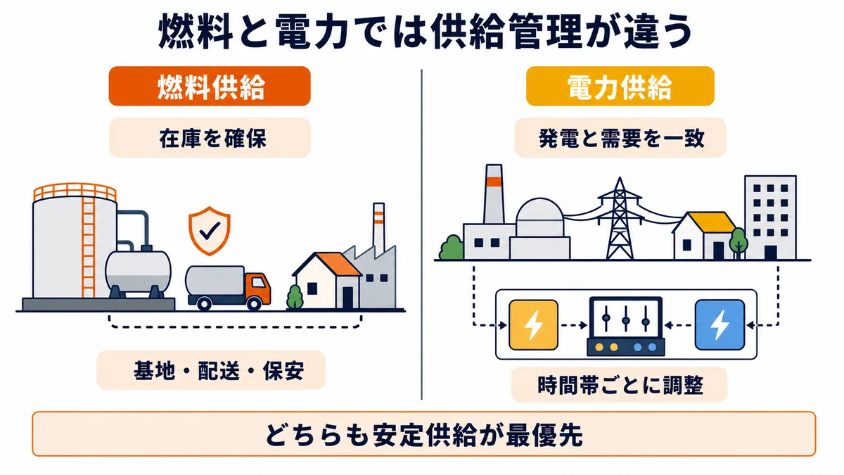エネルギー商社における燃料の在庫・配送・保安と電力の発電・需要調整の違いを比較した図解