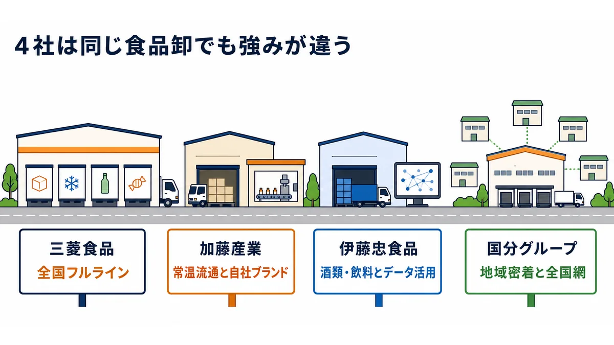 三菱食品・加藤産業・伊藤忠食品・国分グループの食品卸としての強みの違いを整理した図解