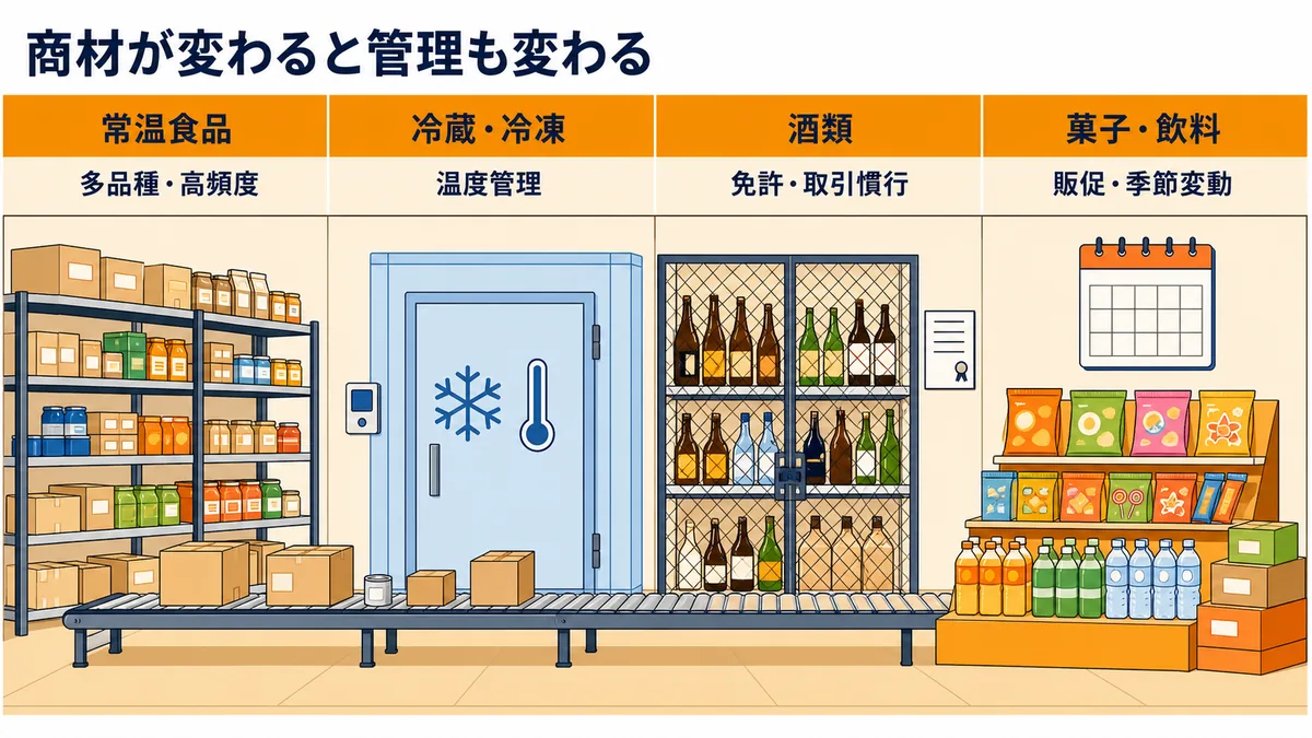 常温食品・冷蔵冷凍食品・酒類・菓子飲料で異なる食品商社の管理条件を示した図解