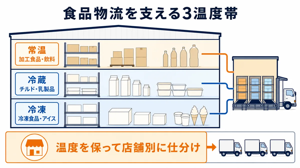 食品商社が常温・冷蔵・冷凍の3温度帯を保ちながら店舗別に仕分ける物流センターの図解