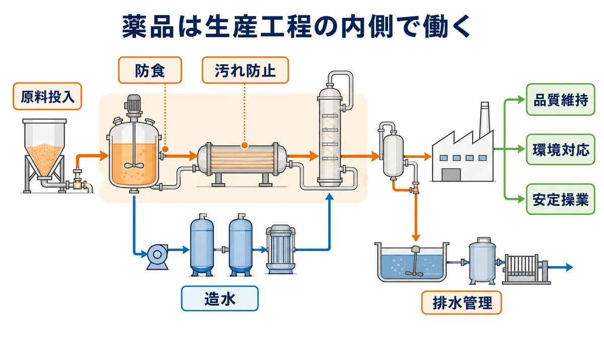 伯東の工業薬品と水処理が製造設備の防食・汚れ防止・造水・排水管理に作用し、品質維持・環境対応・安定操業へつながる図解