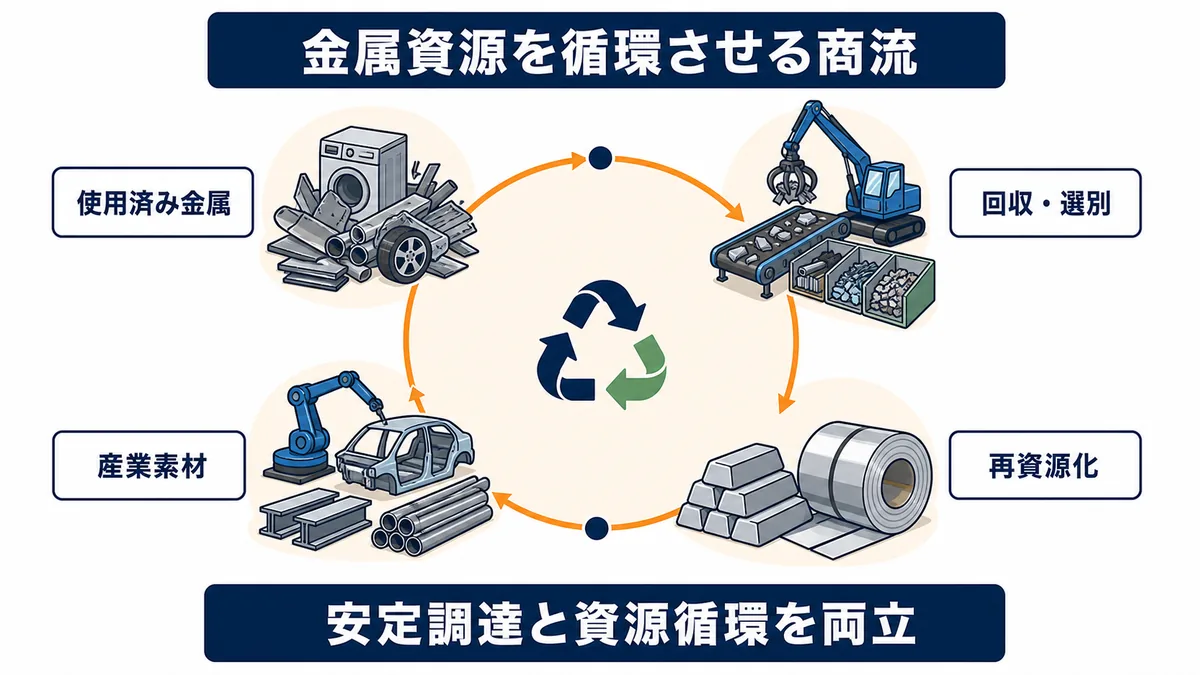 阪和興業の金属リサイクル事業で使用済み金属を再資源化し産業素材へ循環させる図解