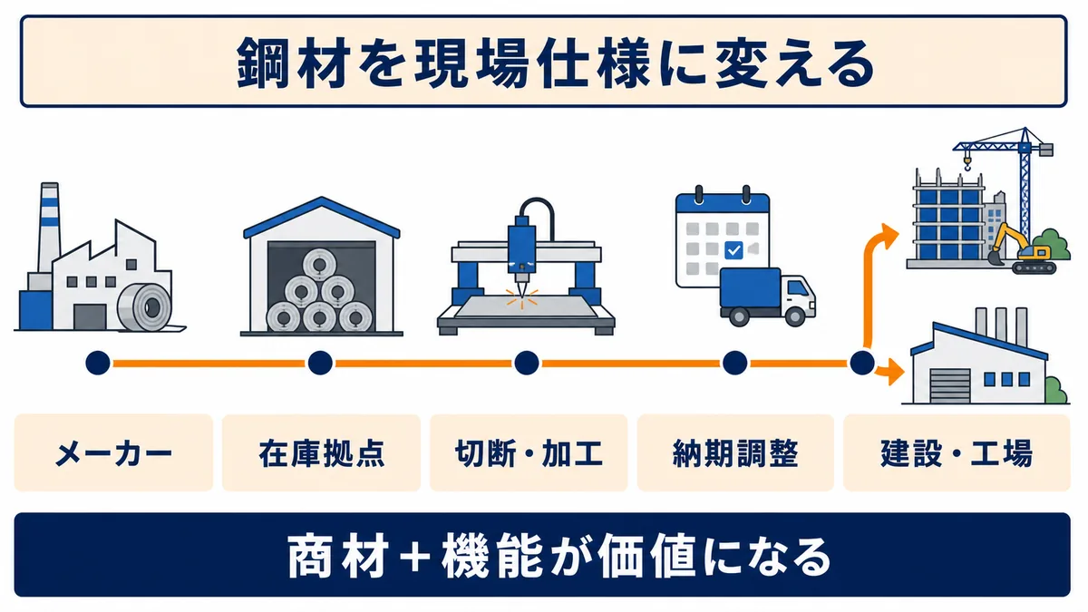 阪和興業の鉄鋼流通における在庫・切断加工・納期調整から建設工場へ至る流れの図解