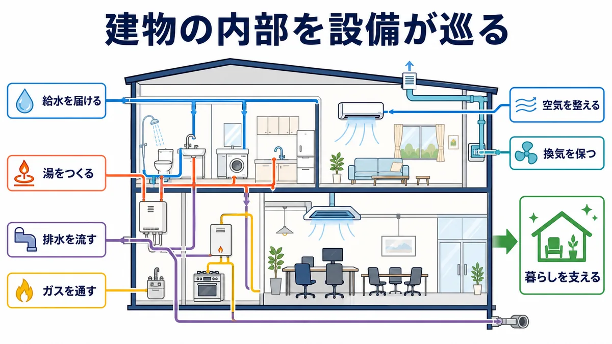 給水、給湯、排水、ガス、空調、換気の設備系統が建物内部を巡り、暮らしのライフラインを支える管工機材の役割図