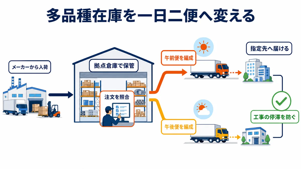 メーカーから届く多品種商品を拠点倉庫で保管し、注文照合後に午前便と午後便へ分けて指定先へ届ける在庫・配送図