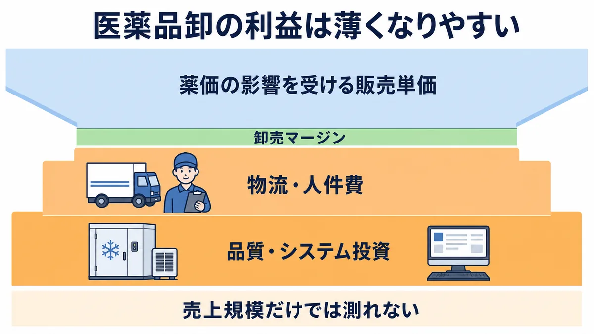薬価の影響を受ける販売単価と物流・人件費・品質投資の間に卸売マージンが残る医薬品卸の収益構造図