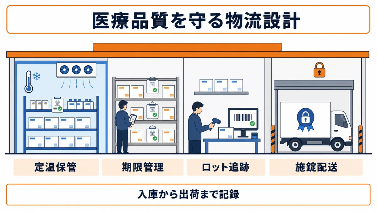 医薬品卸の物流センターにおける定温保管・期限管理・ロット追跡・施錠配送の図解