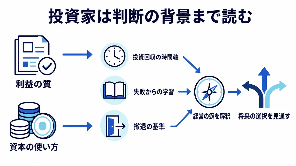 利益や資本配分に加え、投資回収、失敗の学習、撤退基準から経営の傾向と将来の選択を読む構造