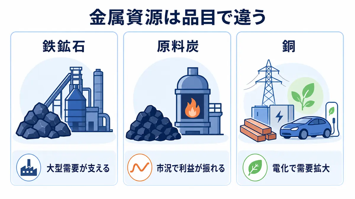 総合商社が扱う鉄鉱石・原料炭・銅の需要と収益特性の違いを比較した図解