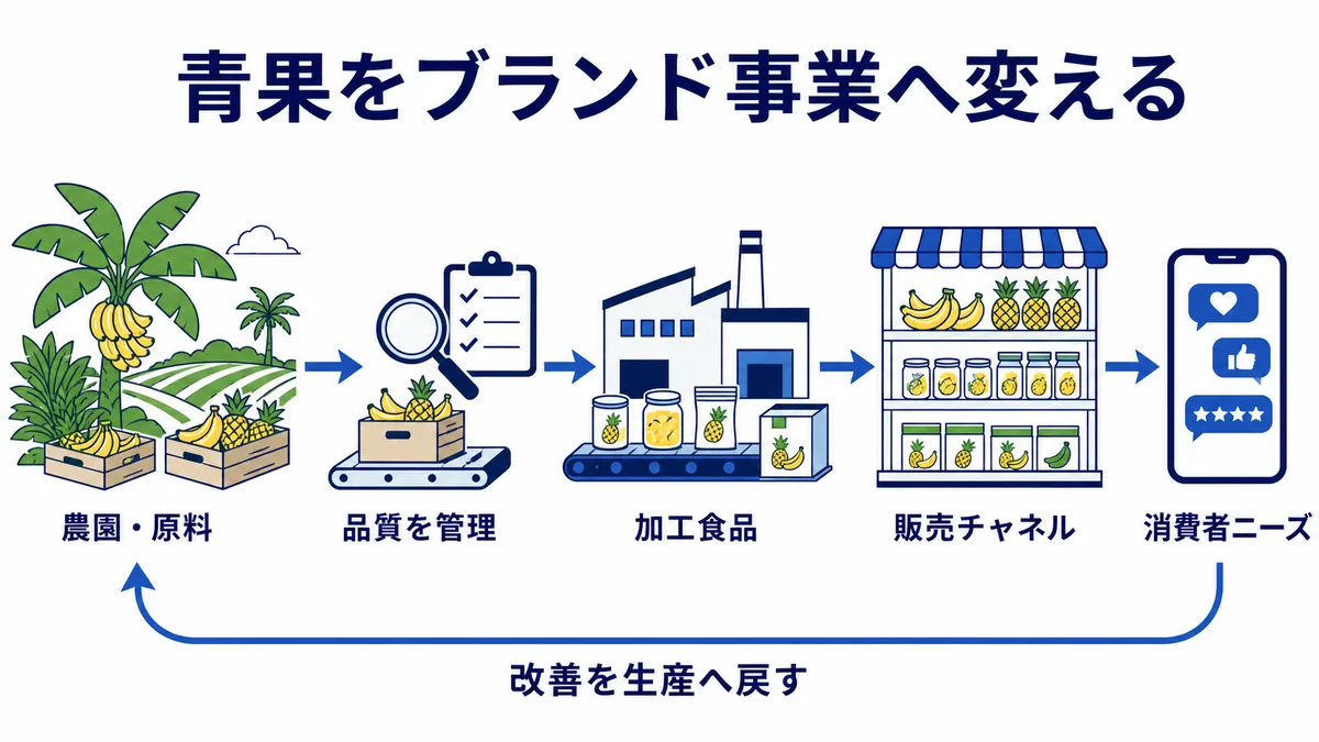 青果の農園・原料から品質管理、加工食品、販売チャネル、消費者ニーズへつなぎ、需要情報を生産改善へ戻すブランド事業の価値連鎖図