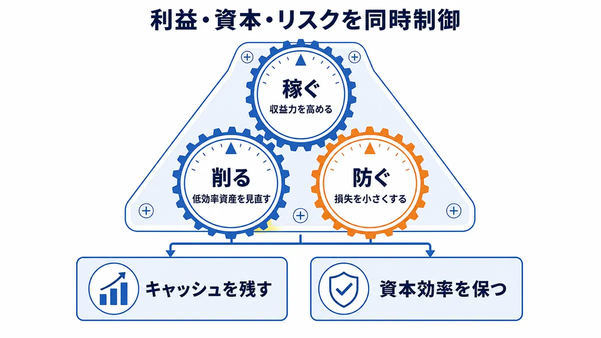稼ぐ、削る、防ぐの三つの管理を連動させ、収益力、低効率資産、損失を制御してキャッシュと資本効率を支える仕組みを示す図