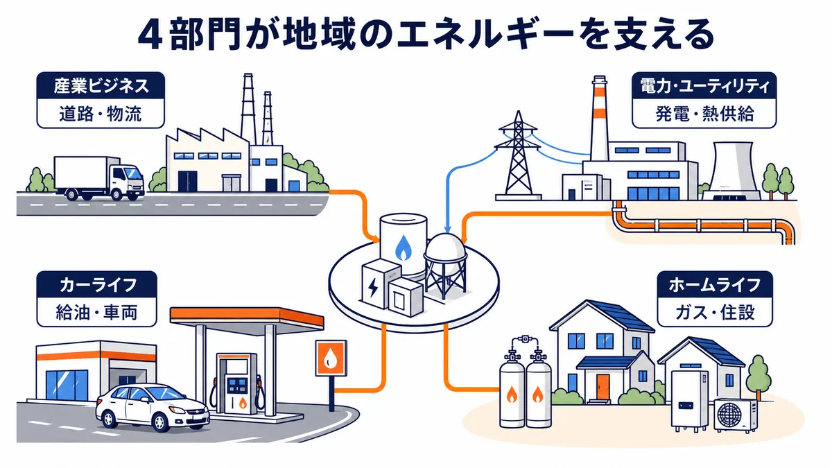 地域のエネルギー流通拠点からカーライフ、産業ビジネス、電力・ユーティリティ、ホームライフの4部門へ接続する図解