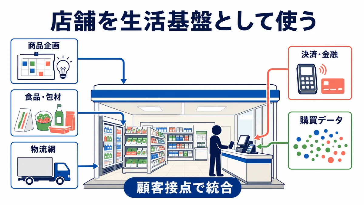 商品企画、食品・包材、物流網、決済・金融、購買データを店舗の顧客接点で統合する生活インフラとしてのコンビニ商流図