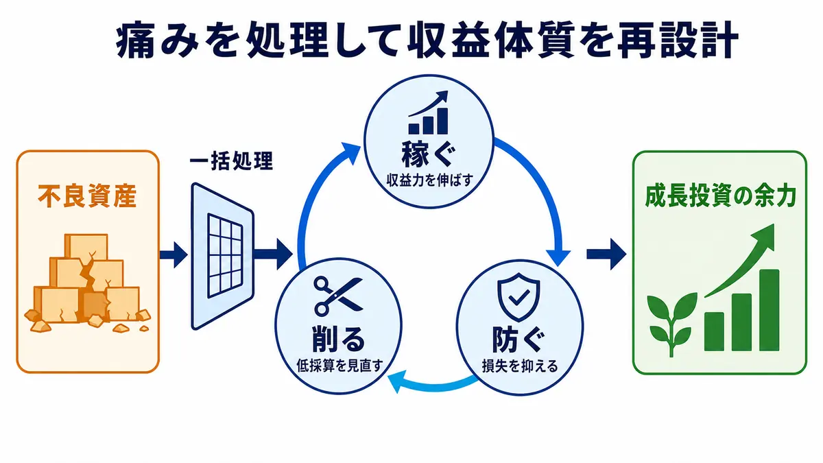 不良資産の一括処理から稼ぐ、削る、防ぐの経営規律を経て成長投資余力を生む流れ