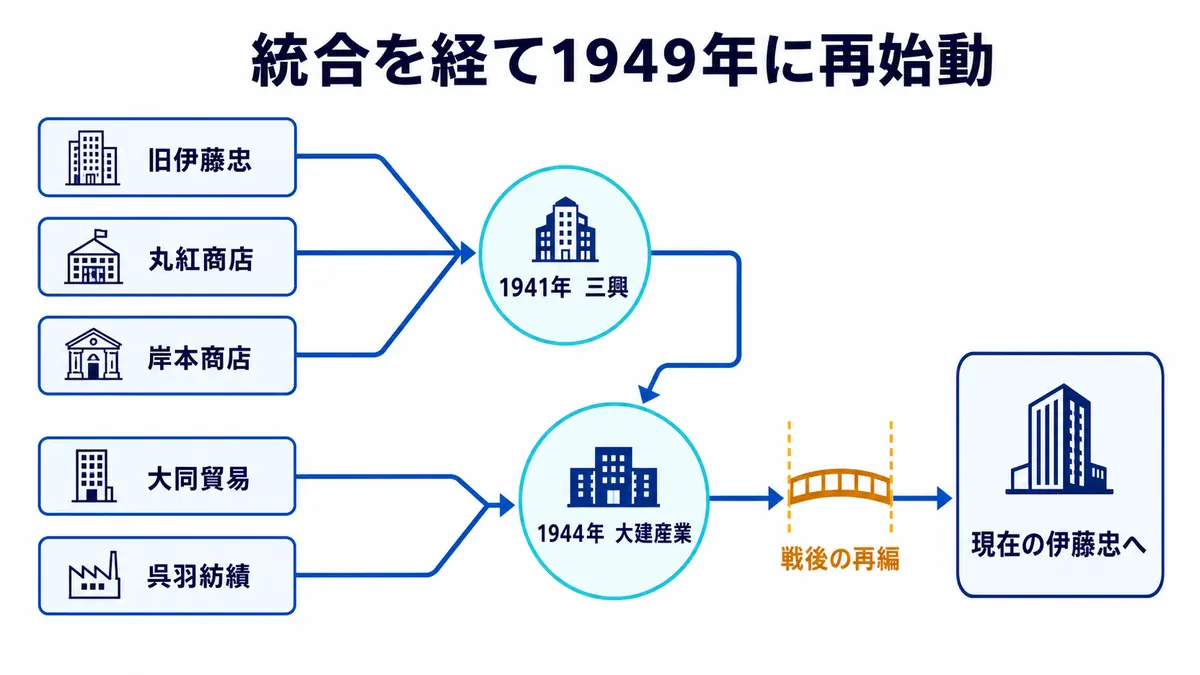 旧伊藤忠などの戦時統合から大建産業を経て1949年の伊藤忠商事再発足へ至る系譜