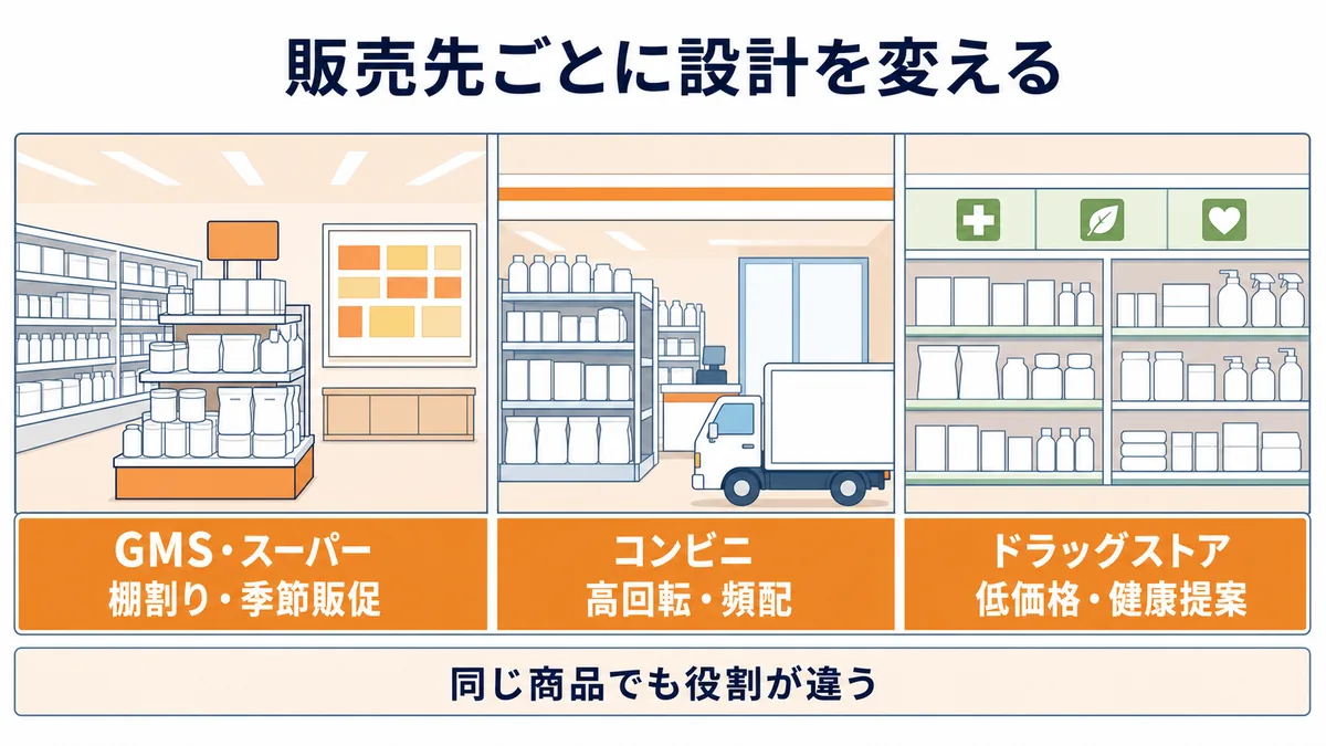 伊藤忠食品がGMS・スーパー、コンビニ、ドラッグストアごとに棚割り・販促・配送・健康提案を変える図解