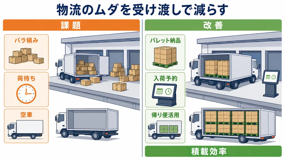 伊藤忠食品がバラ積み・荷待ち・空車をパレット納品・入荷予約・帰り便活用で改善する物流図解