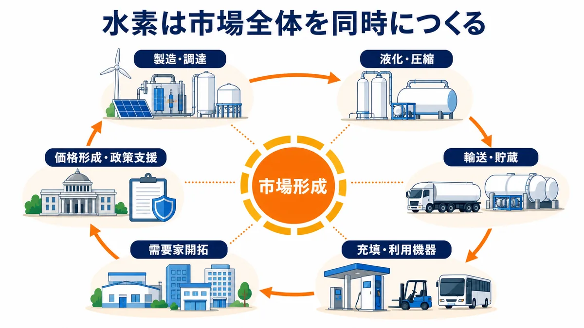 水素市場を製造・調達、液化・圧縮、輸送・貯蔵、充填・利用機器、需要家開拓、価格形成・政策支援で同時に形成する図解
