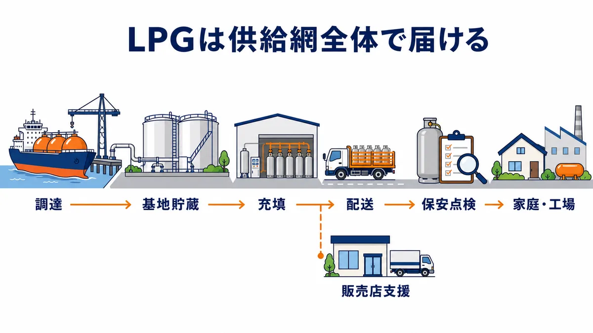 LPGの調達から基地貯蔵、充填、配送、保安点検を経て家庭・工場へ届け、販売店を支援する供給網の図解