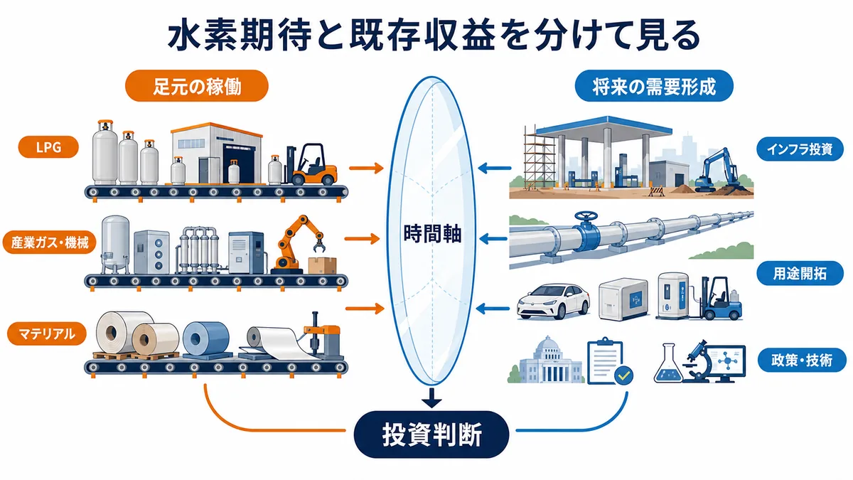 LPG、産業ガス・機械、マテリアルの足元の稼働と、水素のインフラ投資、用途開拓、政策・技術を時間軸で分ける投資判断の図解