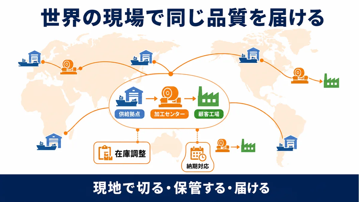 JFE商事が海外の供給拠点・加工センター・顧客工場を結び在庫と納期を調整するネットワークの図解