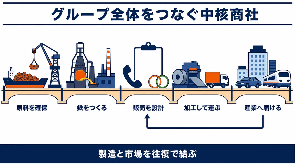 JFE商事が原料調達・鉄鋼生産・販売設計・加工物流をつなぎ需要産業へ届ける流れの図解