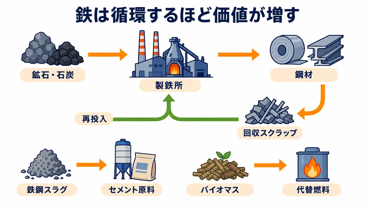JFE商事の鉄鉱石・石炭から製鉄、鋼材利用、鉄スクラップ再投入、副産物活用までの資源循環を示す図解