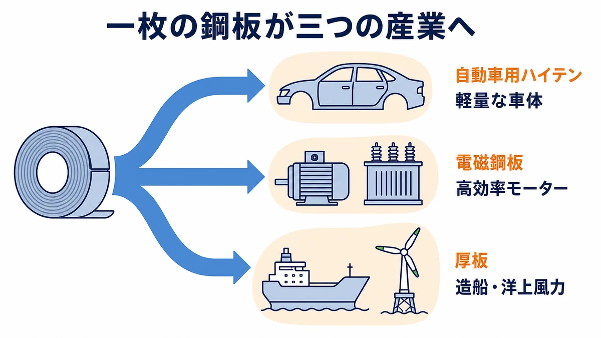 JFE商事が扱う自動車用ハイテン・電磁鋼板・厚板と自動車・モーター・造船洋上風力の用途を示す図解