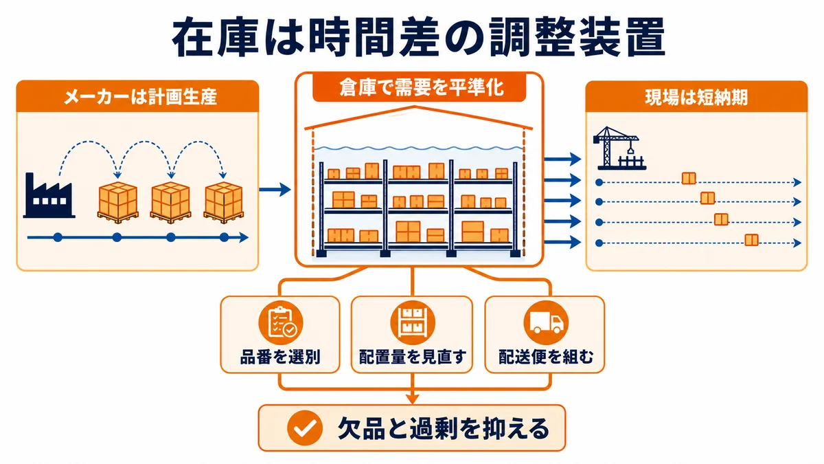 メーカーの計画生産と建築現場の短納期要求の間を倉庫在庫が調整し、品番、配置量、配送便を最適化する図解