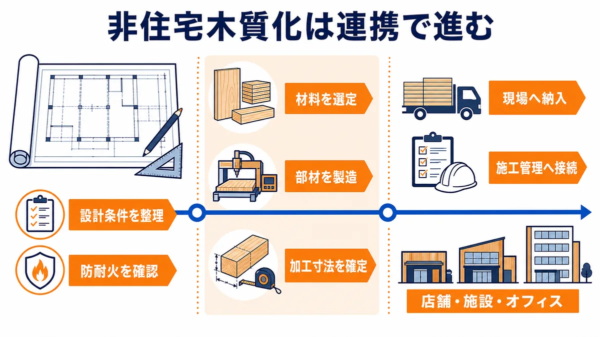 非住宅木質化で設計条件、防耐火、材料選定、部材製造、加工寸法、現場納入、施工管理を連携させるプロジェクト図