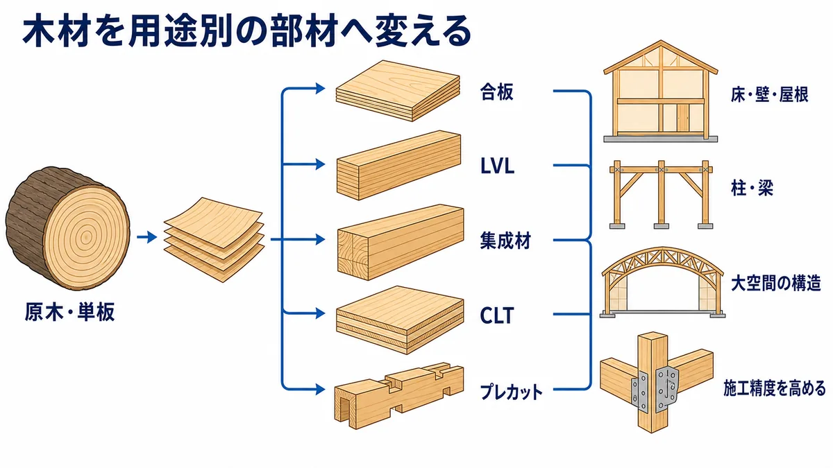 原木や単板を合板、LVL、集成材、CLT、プレカットへ加工し、床・壁・屋根、柱・梁、大空間などへ使い分ける図解