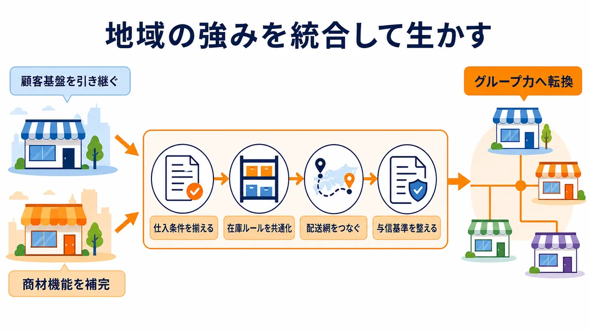 地域会社の顧客基盤と商材機能を引き継ぎ、仕入れ、在庫、配送、与信を統合してグループ力へ変えるM&A統合図