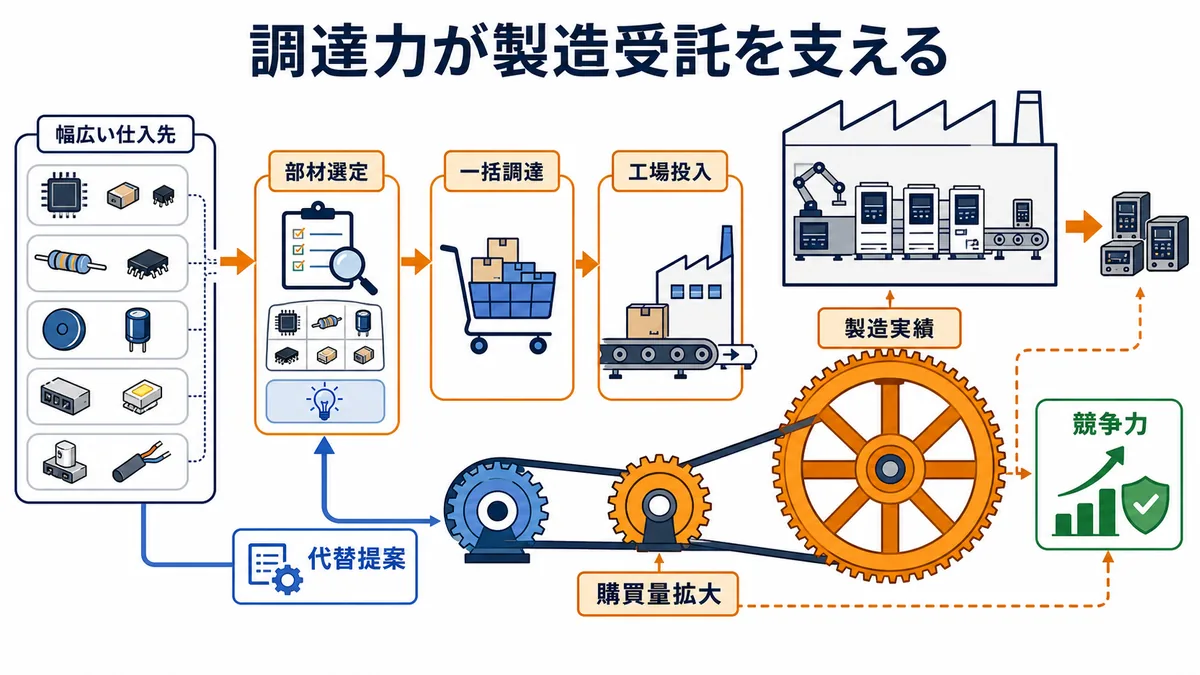 加賀電子の幅広い仕入先からの部材選定・一括調達が工場投入を支え、製造実績と購買量拡大が代替提案や競争力へ戻る図解