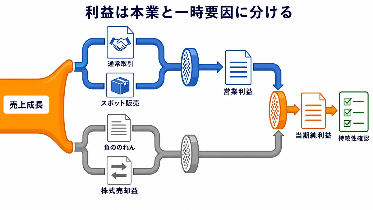 加賀電子の売上成長を通常取引・スポット販売・営業利益と、負ののれん・株式売却益を含む当期純利益に分けて持続性を確認する図解